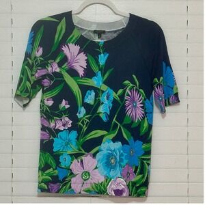 Talbots Womens Blue Purple Floral Short Sleeve Crew Neck Knit Sweater Size S